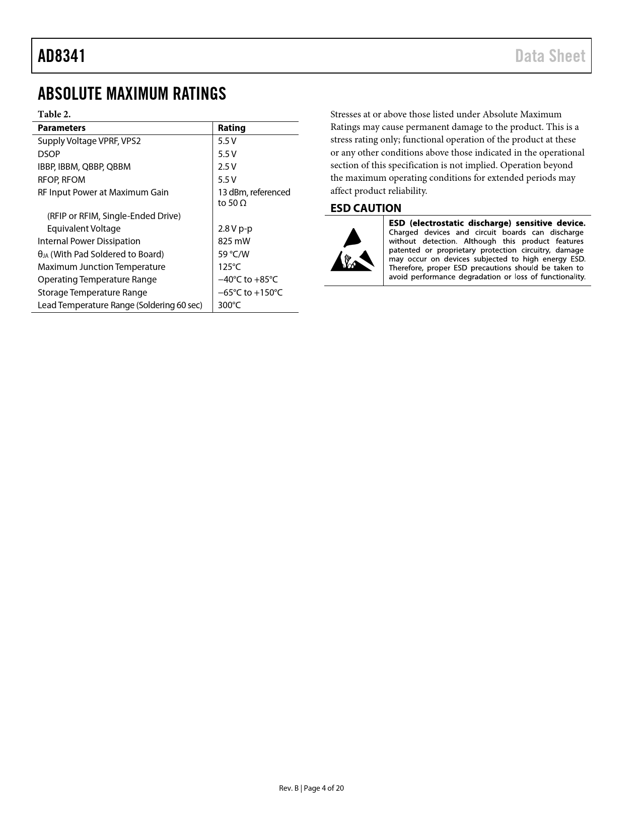 AD8341 Data Sheet ABSOLUTE MAXIMUM RATINGS Table 2 Parameters Rating ESD CAUTION