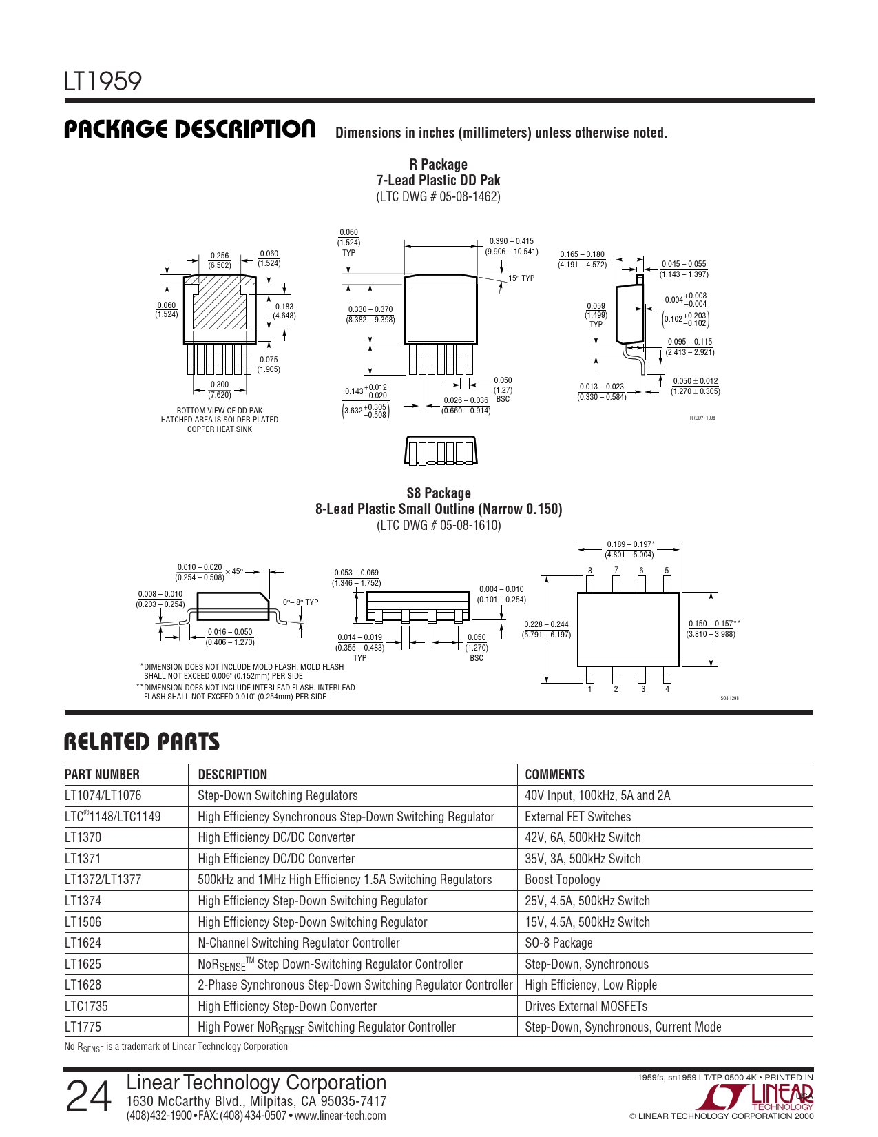 PACKAGE DESCRIPTION Dimensions in inches (millimeters) unless otherwise  noted. R Package. 7-Lead Plastic DD Pak. S8 Package - Datasheet LT1959  Analog Devices