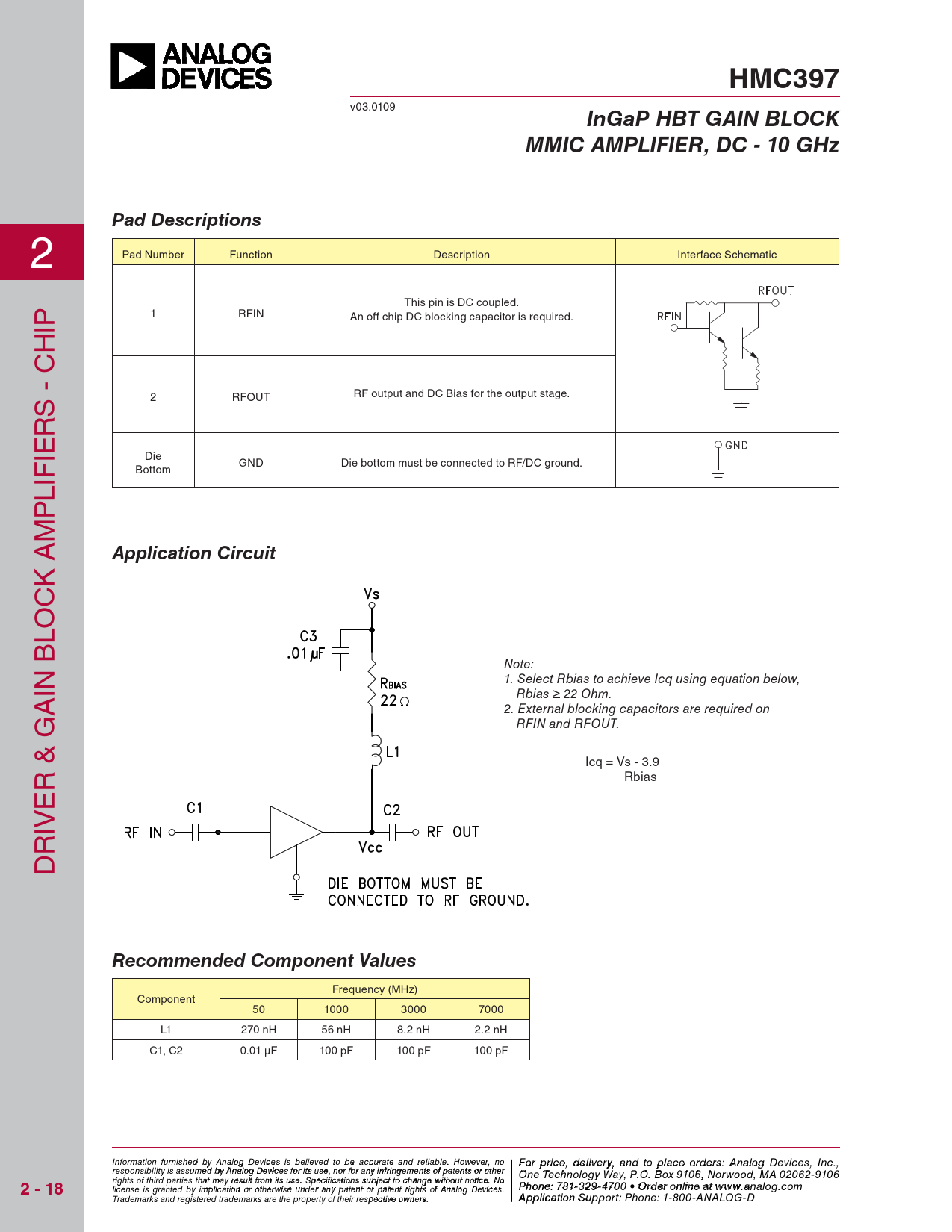 HMC397 InGaP HBT GAIN BLOCK MMIC AMPLIFIER, DC - 10 GHz Pad Descriptions Application Circuit Recommended Component Values