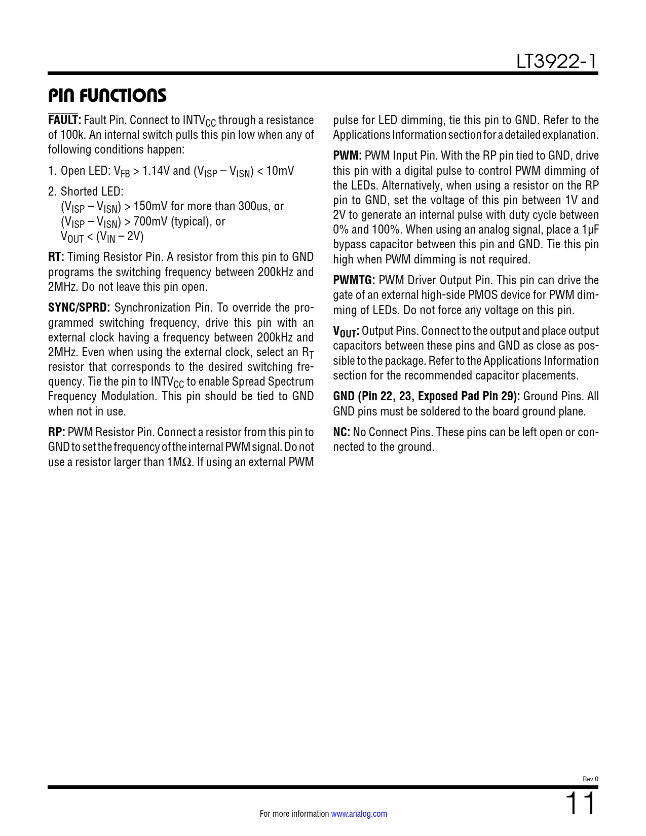 Pin Functions Fault Pwm Rt Pwmtg Syncsprd Vout Gnd Pin 22