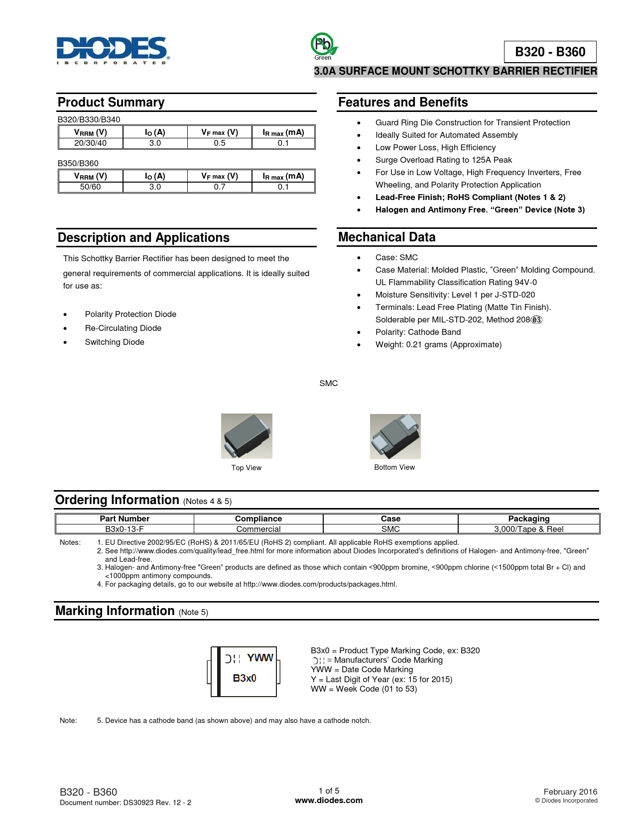 Datasheet B320, B330, B340, B350, B360 Diodes - Preview and Download
