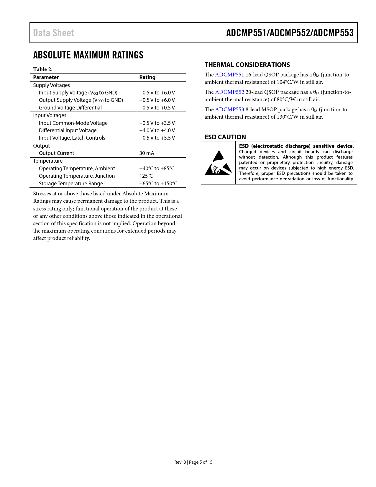 Data Sheet ADCMP551/ADCMP552/ADCMP553 ABSOLUTE MAXIMUM RATINGS THERMAL CONSIDERATIONS Table 2 Parameter Rating ESD CAUTION