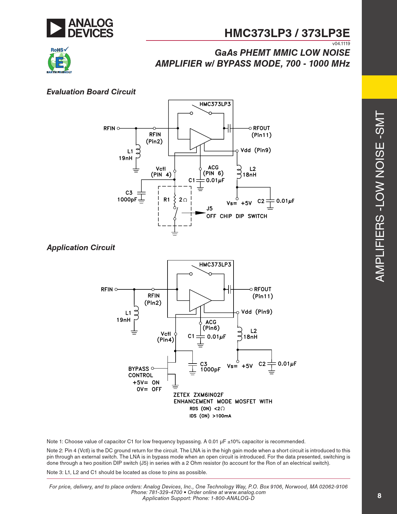 HMC373LP3 / 373LP3E GaAs PHEMT MMIC LOW NOISE AMPLIFIER w/ BYPASS MODE, 700 - 1000 MHz Evaluation Board Circuit