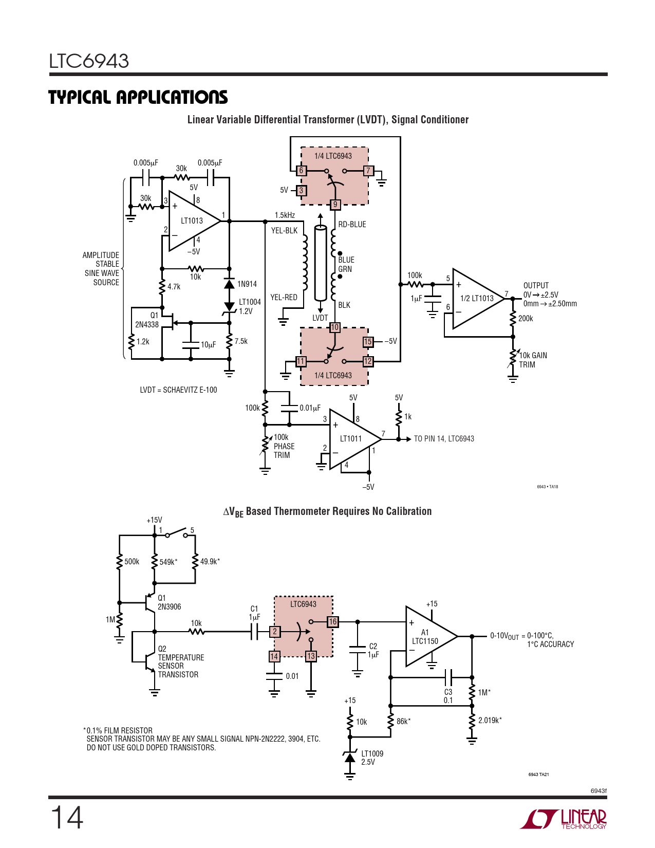 TYPICAL APPLICATIO S. Linear Variable Differential Transformer (LVDT), Signal  Conditioner - Datasheet LTC6943 Analog Devices