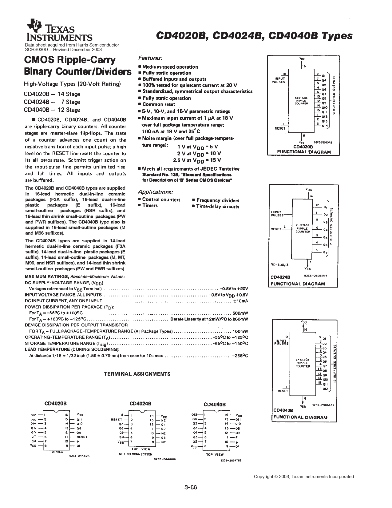 Datasheet CD4020B, CD4024B, CD4040B Texas Instruments, Revision: D