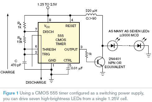 555 Timer Drives Multiple LEDs From One NiMH Cell