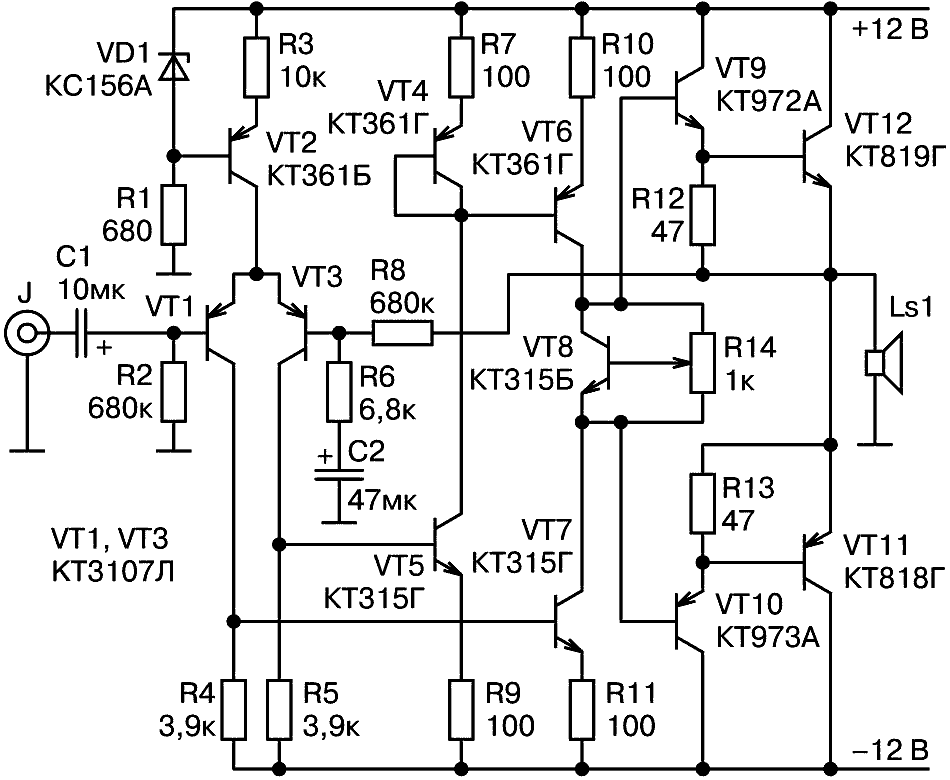 Принципиальная схема УНЧ на транзисторах с улучшенным качеством звучания