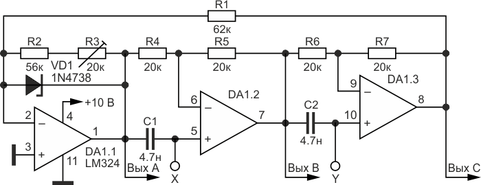 Трехфазный синус-генератор с цифровым управлением - LM324, CD4516B