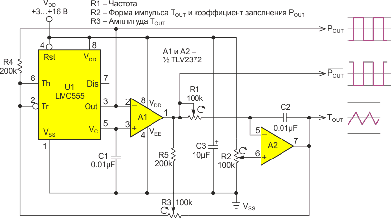Генератор треугольных импульсов на таймере 555 с регулируемой частотой,  амплитудой и формой сигналов - LMC555, TLV2372