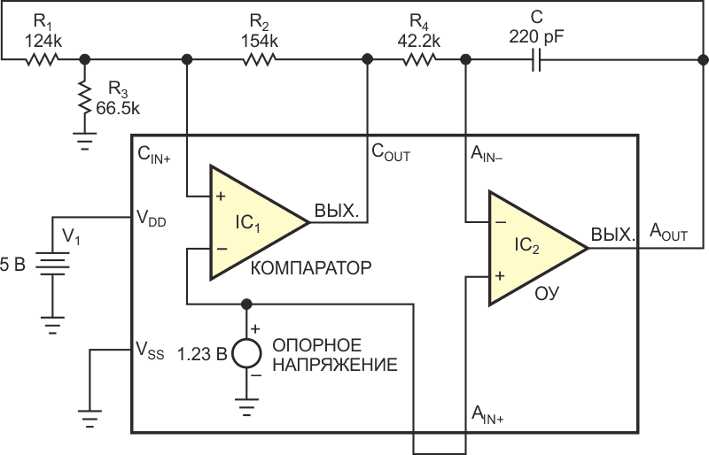 В генераторе треугольных импульсов используется микросхема, содержащая операционный усилитель, компаратор и источник опорного напряжения.
