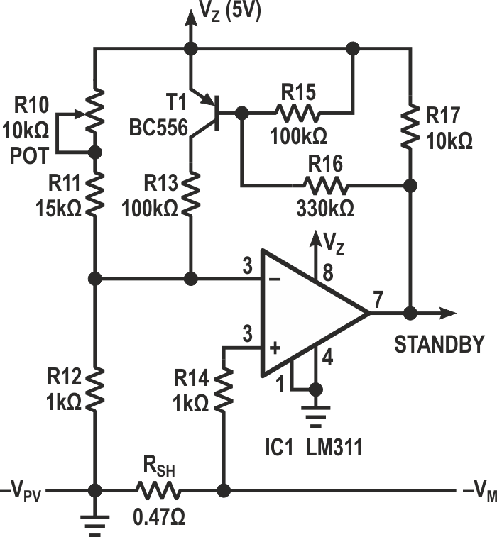 The comparator circuit with hysteresis generates the Standby signal.