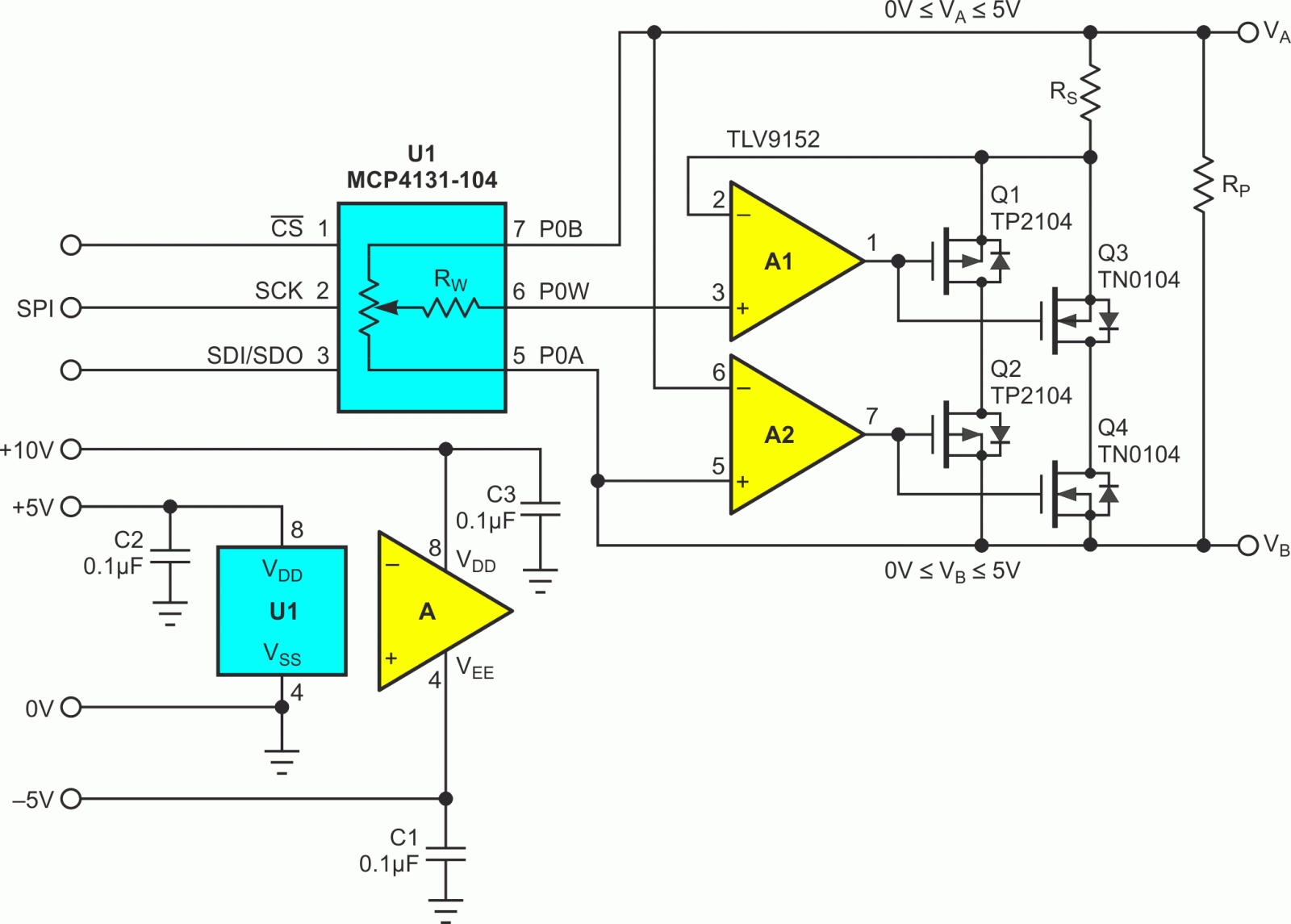 Two complementary anti-series FET pairs connected in parallel allow bipolar operation.